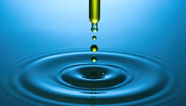Water Droplet Falling into Blue Liquid.
