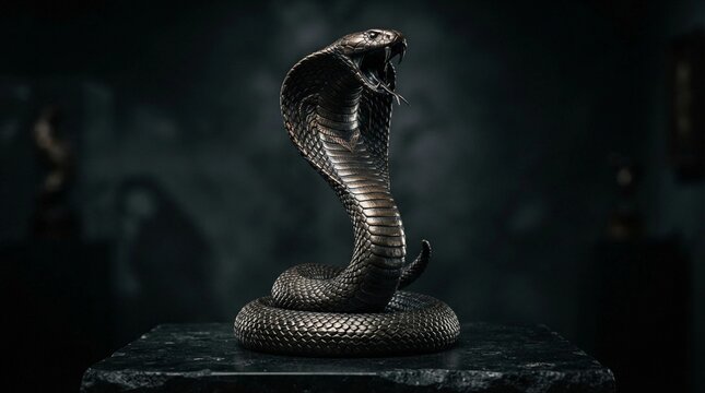 Majestic bronze cobra statue with intricate textured scales posed in a fierce defensive striking position against a dark moody atmospheric background captured in cinematic studio lighting