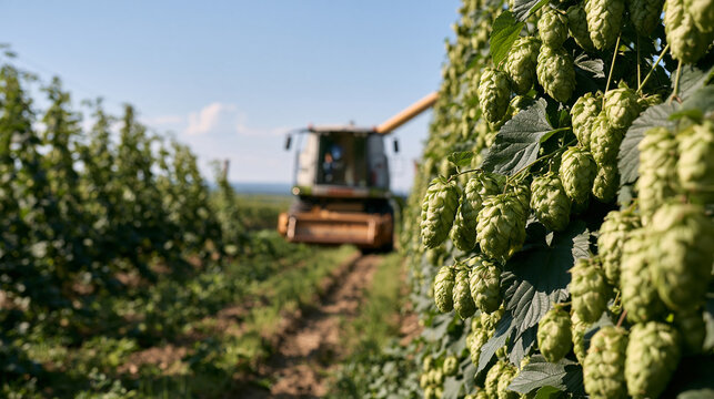Wide shot of hop harvest in a Czech mountain valley, tall vine strings loaded with green cones, specialized harvesting machine moving through rows, brewery agriculture craft beer