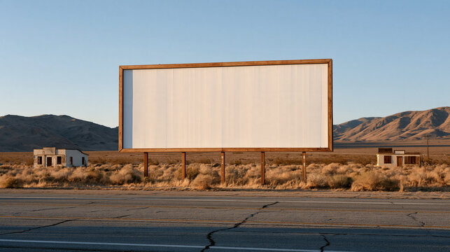 Blank white billboard positioned at the entrance of a desert ghost town, abandoned buildings flanking the road, cracked asphalt, bleached midday light, desolate atmosphere, copy