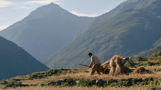 A Nepali farmer threshes harvested buckwheat by beating sheaves against a wooden frame on a stone terraced field, high Himalayan peaks rising dramatically behind the valley in the