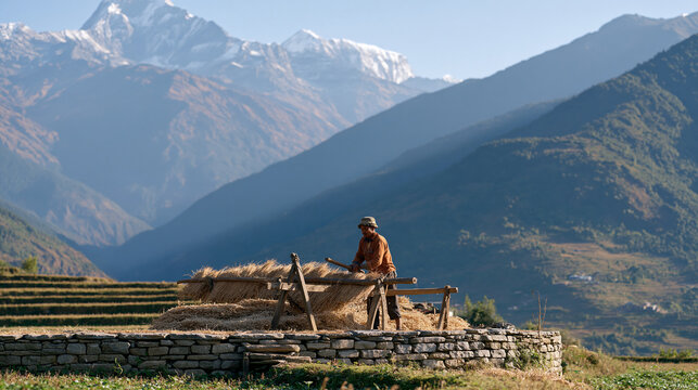 A Nepali farmer threshes harvested buckwheat by beating sheaves against a wooden frame on a stone terraced field, high Himalayan peaks rising dramatically behind the valley in the