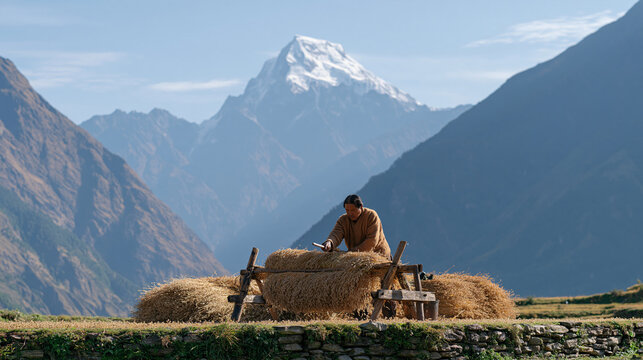 A Nepali farmer threshes harvested buckwheat by beating sheaves against a wooden frame on a stone terraced field, high Himalayan peaks rising dramatically behind the valley in the