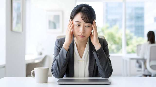 Japanese woman holding her head while sitting at home