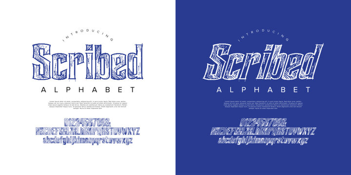 Scribed outline sketch blue font with hand drawn architectural blueprints and vintage texture
