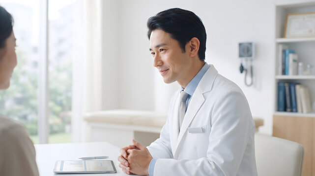 Japanese doctor consulting with a male patient in a medical office