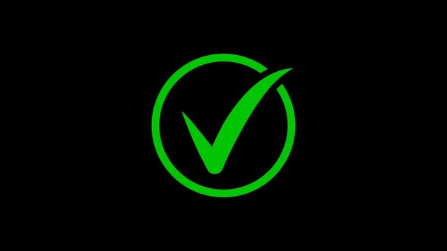 Green check mark inside circle animation, clean approval tick icon on black background