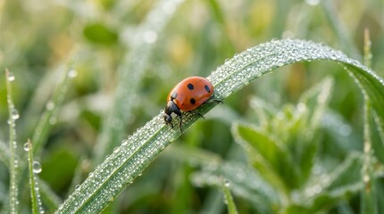Fototapeta premium Ladybug crawling along dewy grass blade in morning light