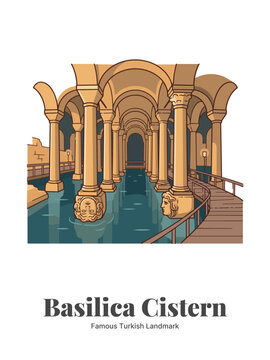 Basilica Cistern Istanbul Turkey Flat Vector Poster Illustration of Famous Landmark