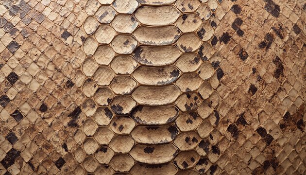 Flat view of smooth non-overlapping python scales forming a natural intricate geometric pattern. Earthy brown, tan, and soft cream tones with a delicate matte surface