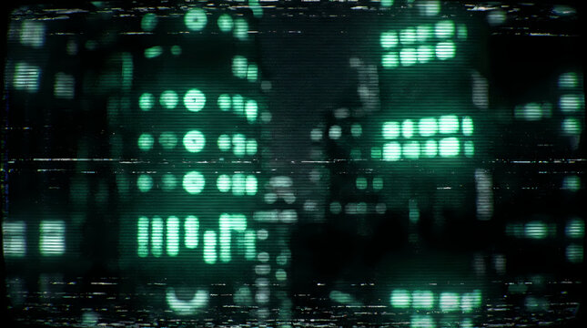 A dark digital cityscape is rendered with glowing green circular lights.
