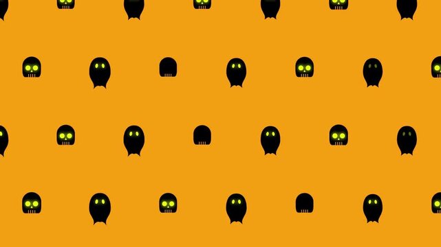 Seamless Halloween animation background featuring spooky cute cartoon black monsters on an orange canvas