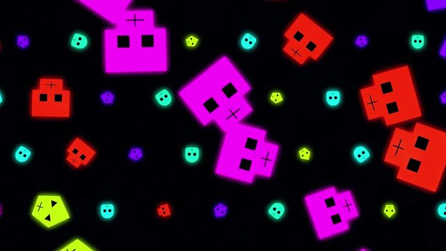 Vibrant neon glowing skull pattern background animation for halloween celebration and arcade theme