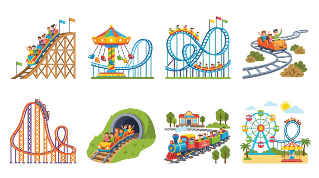 Roller coaster vector icons set depicting amusement park rides, wooden tracks, metal loops, car trains in dark tunnels, carousel, and ferris wheel with joyful visitors enjoying thrilling days.