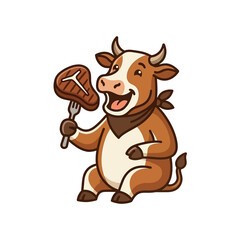 Fototapeta premium Funny cartoon cow holding a fork with a t-bone steak vector illustration