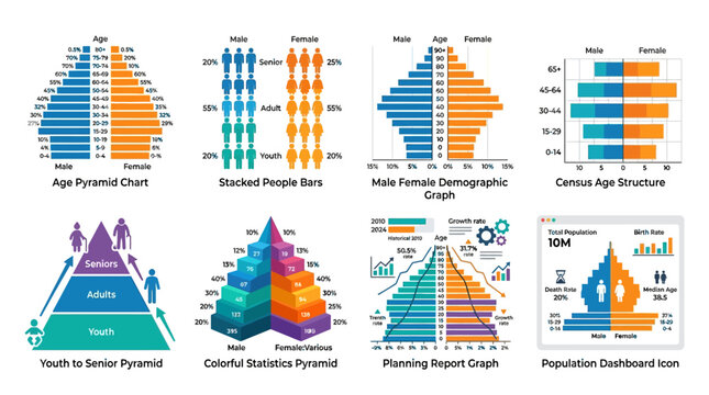 Age pyramids and demographic charts illustrating male and female population statistics with colorful hierarchical bars and analytical icons.