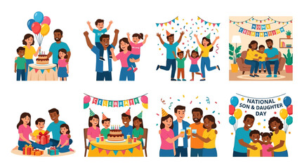 Fototapeta premium National son and daughter day collection presenting eight joyful family celebration illustrations with parents, children, balloons, birthday cake, confetti, gifts, and happy moments together.