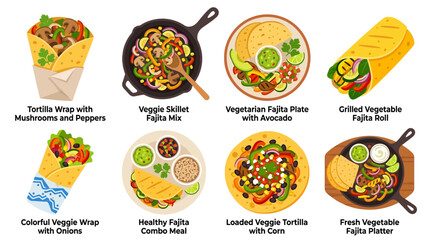 Fototapeta premium Mexican food collection featuring eight illustrated icons of delicious vegetarian fajitas and wraps filled with fresh vegetables, mushrooms, onions, and beans presented on a clean white background.