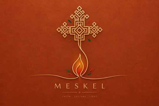 Minimalist golden meskel cross outline on textured rust background with fire flame