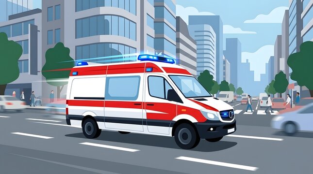 Fast moving red and white emergency ambulance car driving through city street with skyscrapers and traffic during daytime illustration