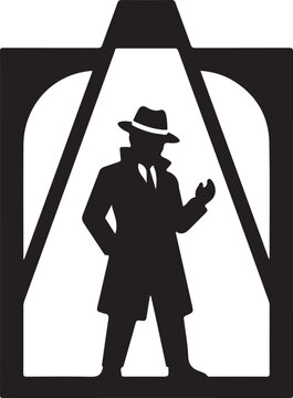 Silhouette of a man in a hat and coat standing under a spotlight on a white background