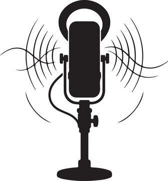 Microphone silhouette on stand with sound waves a black traced graphic against a white background