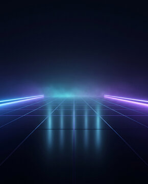 Empty neon grid stage in electric blue and violet futuristic cyber sale background with copy space at bottom