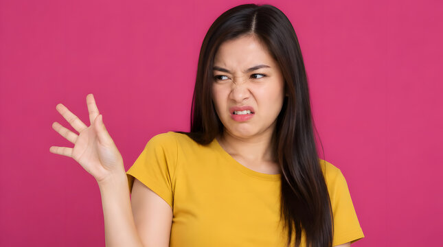 Young Asian woman expressing disgust and aversion with a grimace.
