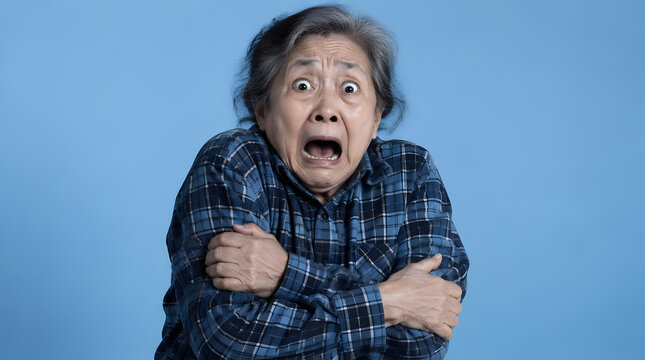 Terrified elderly woman looking shocked and frightened.