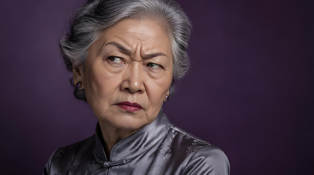 Elderly Asian woman with a stern and suspicious facial expression.