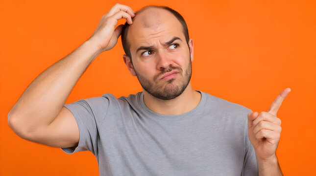 Confused balding man scratching head and pointing aside.