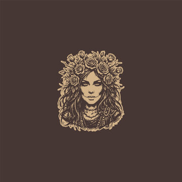 Vintage Sugar Skull Woman Illustration with Rose Crown