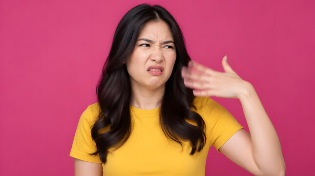 Disgusted young woman in yellow shirt making face against pink background.
