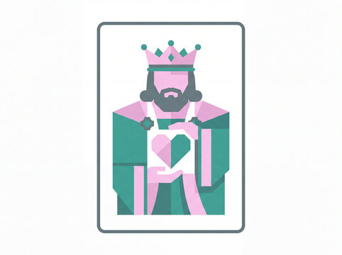 Geometric king character with crown holding heart symbol