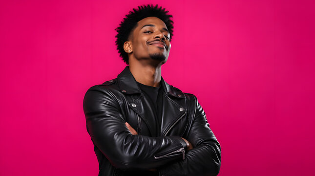 Confident young African American man wearing black leather jacket with arms crossed.