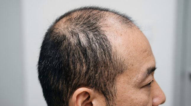 Extreme close-up and side profile of an Asian man's scalp with significant male pattern baldness, visible thinning hair on the crown and receding hairline