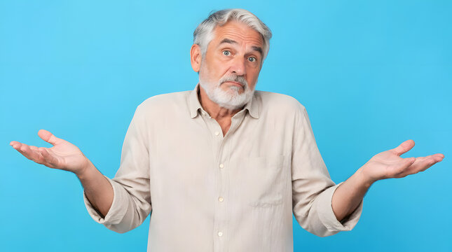 Confused senior man shrugging with uncertainty.