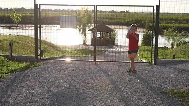 6 year-old boy is playing with red toy poodle outside his house in backyard of cottage and recording video on mobile phone. A red toy poodle fetches ball and plays outdoors in summer