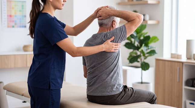 Professional physical therapist performing manual therapy on patient shoulder