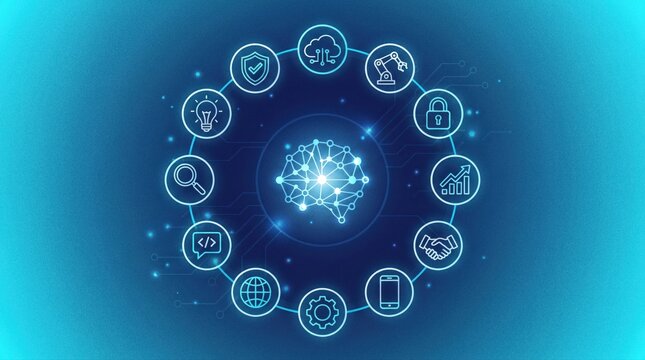 AI and business technology icons orbiting a glowing neural network on blue gradient background