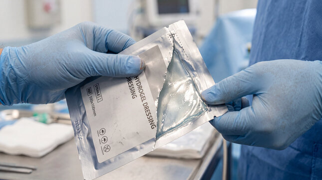 Medical professional wearing blue gloves opening a sterile foil pack holding a moist hydrogel wound dressing inside a bright hospital room