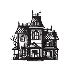 Fototapeta premium Spooky Haunted House Mansion Vintage Woodcut Line Art Illustration