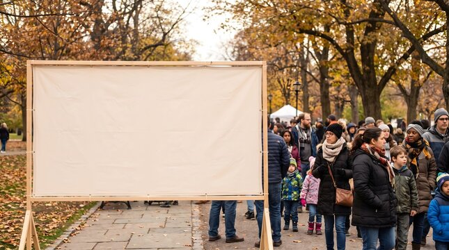 Blank Outdoor Sign on Wooden Easel for Public Announcement with Copy Space, Autumn Park and Diverse Crowd.