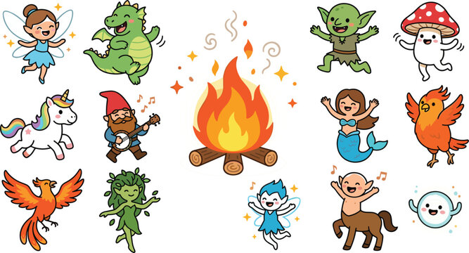 Mythical Creatures and Fantasy Character Vector Sticker Set with Dragon, Unicorn, Fairy, Goblin, Phoenix, and Campfire for Cute Storybook Illustrations