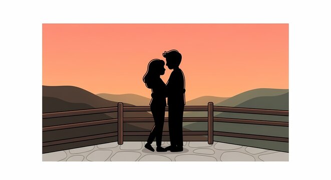 Silhouette of couple embracing at sunset viewpoint