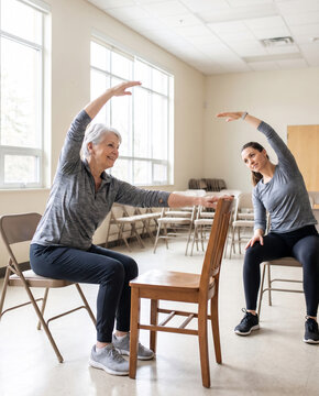 Senior woman holds chair back for support during seated side stretch