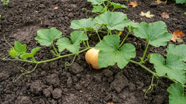 Pumpkin vine grows across fertile garden soil with a developing fruit. Broad green leaves and curling tendrils show healthy seasonal growth. Gardening and harvest concept.