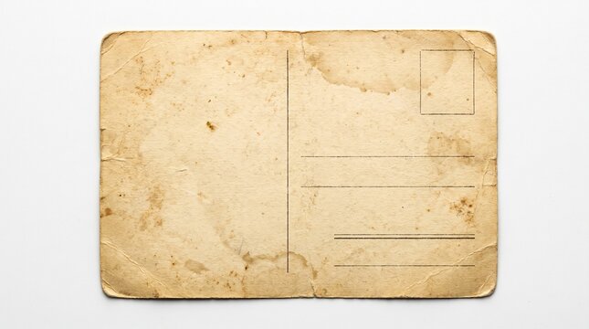 Blank vintage postcard with aged paper texture and water stains on white background for nostalgia or travel concept