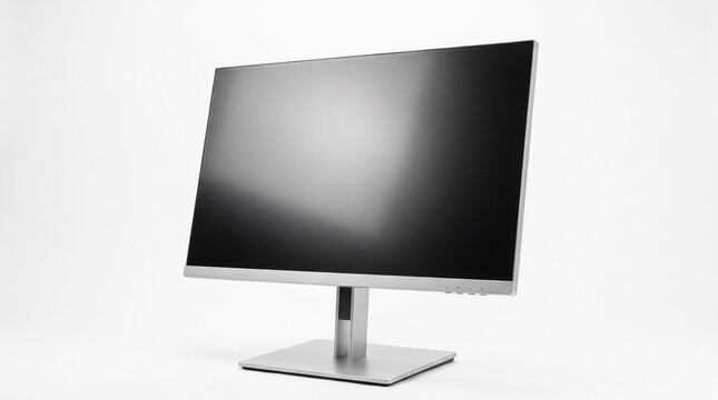 Modern silver computer monitor with sleek thin bezel and blank screen isolated on white background