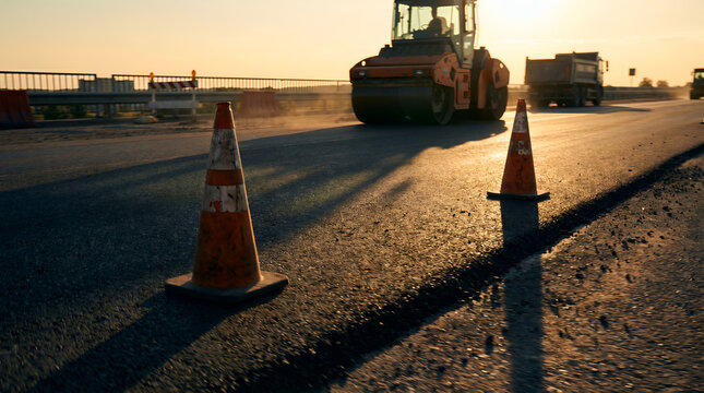 Heavy road roller compacting asphalt during evening construction